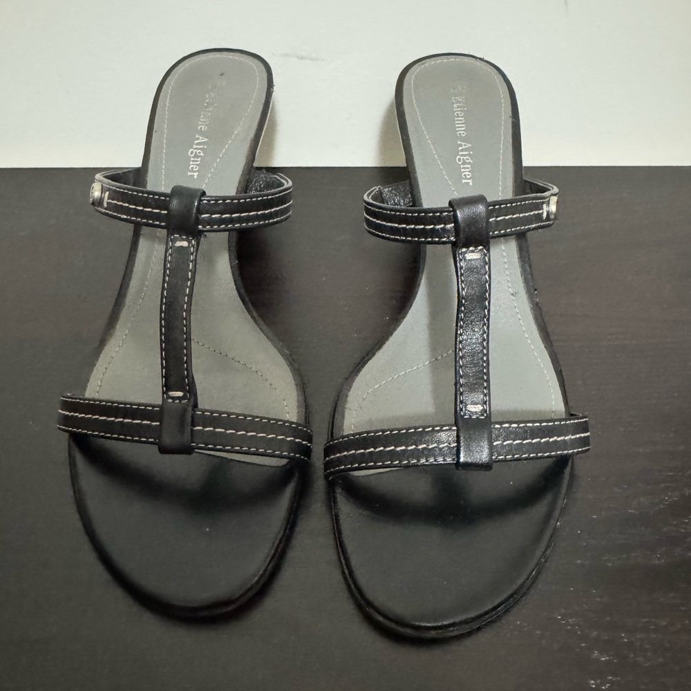 Etienne Aigner Black T-Strap Sandals